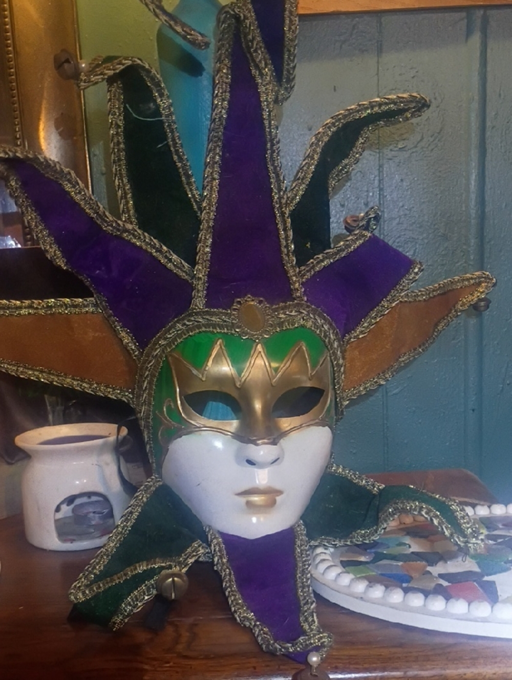 Venetian Jester Mask in Purple, Green & Gold